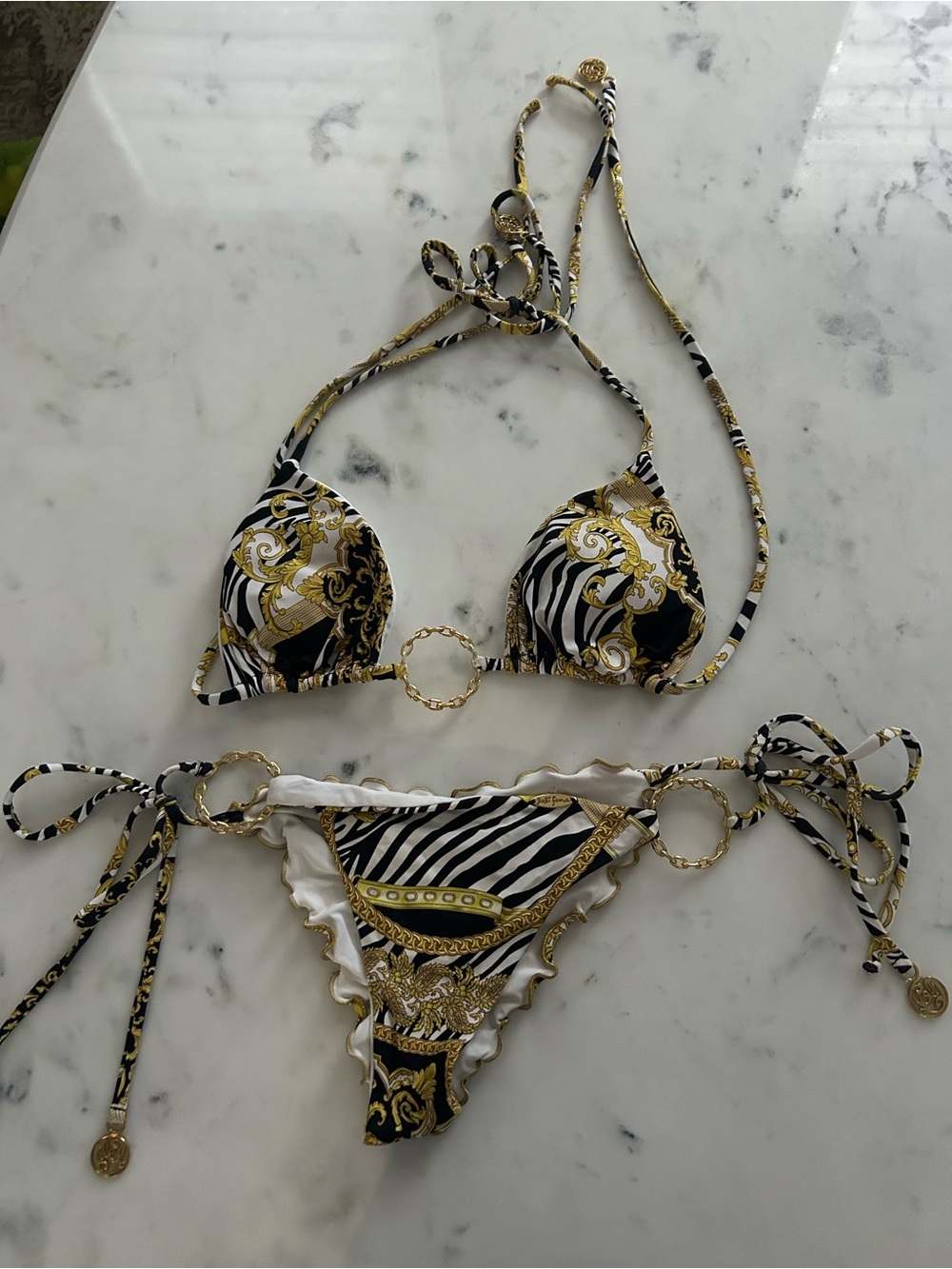 Luli Fama Black, White & Gold Patterned Ring-Accent Bikini Set